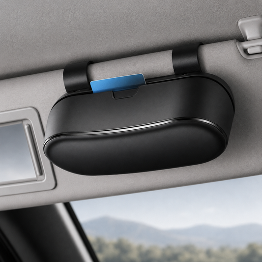 VisorVault car visor glasses holder installed on a gray sun visor